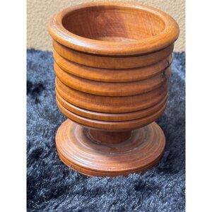 Vintage Handcrafted Turned Wooden Pedestal Bowl With Ribbed Design